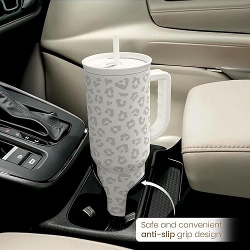 SANDJEST Leopard Tumbler with Handle, Insulated Cup Stainless Steel Travel Mug Cup, Gifts for Women Girl on Birthday Christmas, Cream Leopard, 40oz thumbnail 7