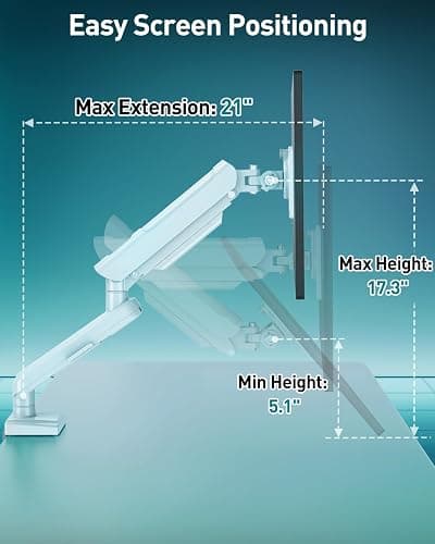 Single Monitor Desk Mount, 13-32 inch Adjustable Gas Spring Monitor Arm, Computer Monitor Stand Holder with Clamp and Grommet Base, Fits 4.4 to 22lbs Screens, VESA Mount Bracket, White, Freelift Pro thumbnail 7