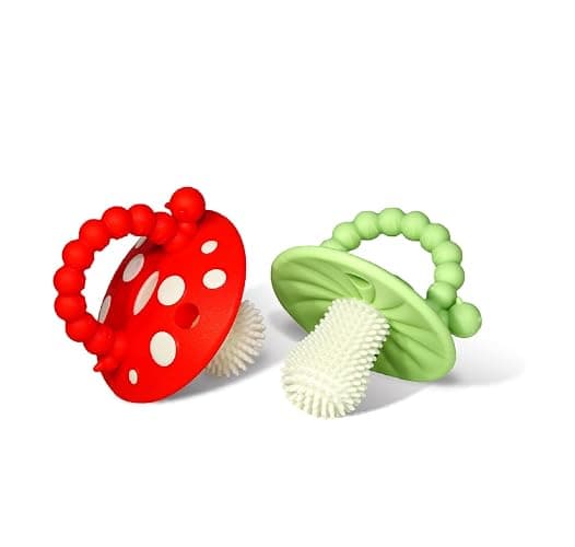 RaZbaby Soft Silicone Infant & Baby 3M+ Teether Toy Massaging Bristles Teething Relief Pacifier - Soothes Sore Gums - Hands-Free & Easy-to-Hold Chompy Teether, BPA Free (RED/Green) - Image 1