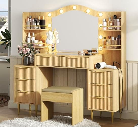 55" Big Fluted Vanity Desk with Mirror and Lights,Makeup Vanity with 8 Storage Drawers and 4 Storage Shelves,Glass Top & Power Outlet,3 Lighting Modes,Dressing Table for Women Girls Bedroom,Oak - Image 1