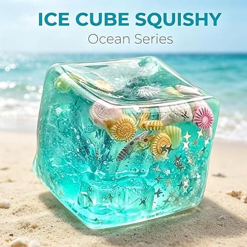 Ice Cube Squishy, Stress Balls Ice Cube with Sea Shells Inside, Square Shape  Squishy Fidget Slow Rise Stress Cube Gift (5.5cm) thumbnail 4