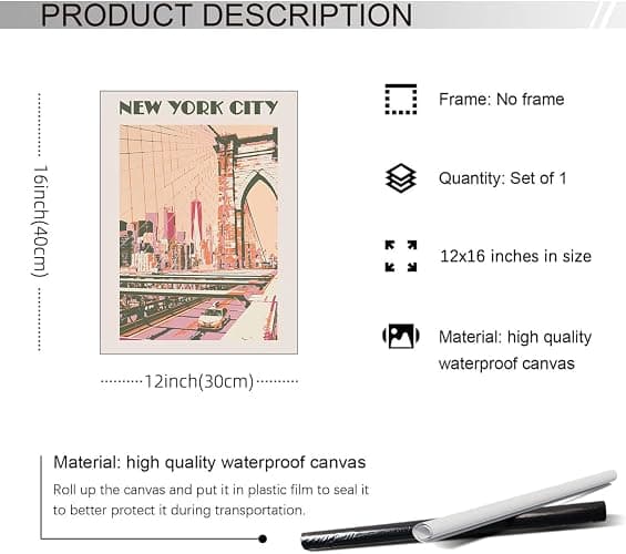 New York City Landscape Pink Posters Retro Us Landmarks Scenery Wall Art Vintage Bridge Canvas Painting for Living Room Bedroom Wall Decor 12x16 inch Unframed thumbnail 2