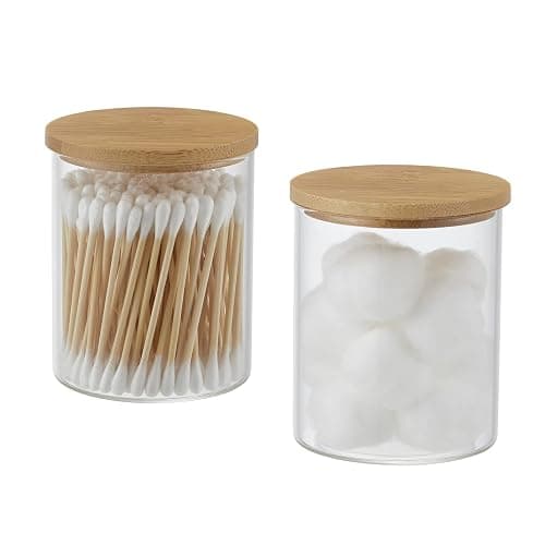 Glass Apothecary Jars, 2 Pack Qtip Holder Dispenser Glass Bathroom Vanity Jars Containers Organizer with Bamboo Lids for Cotton Balls Swabs Pads Rounds Q-tip Bath Salts - Image 1