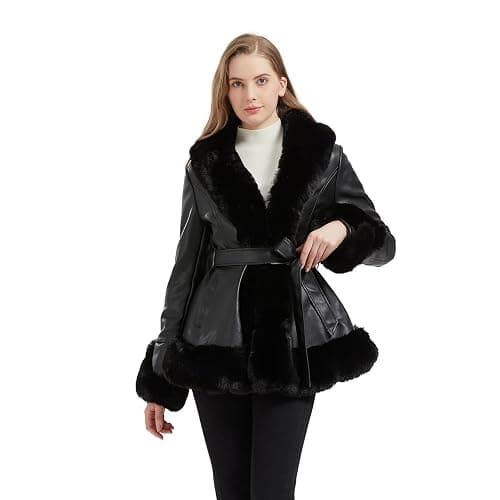AOWITH Faux Leather Jacket for Women with Faux Fur Collar Long Sleeve Parka with Pockets Warm Winter Coat with Belt - XX-Large - Apricot thumbnail 2