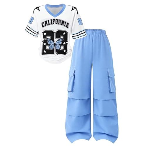 Afsmlys Tween Girls Clothes Short Sleeve Graphic T-Shirt Top + Cargo Pants 2pcs Outfit Set, Size 7-15Years - Image 1