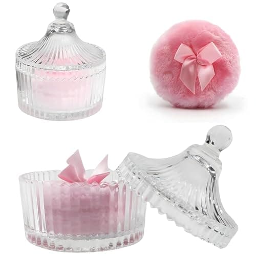 Habitable tree 2 Pcs Large Body Powder Puff and Container Valentine's Day gift Powder Container with Puff Crystal Case Soft Washable Reusable Velour Face Body Glitter Wet Dry Makeup (Pink) - Image 1