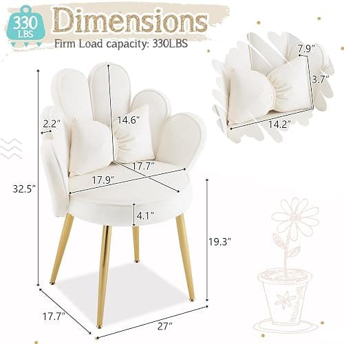 VINGLI Petal Makeup Vanity Chair with Back,Flower Cute Girls Desk Chair Comfy No Wheels,Modern Dining Chair,Small Accent Chair with Adustable Gold Legs&Bow Pillow for Home Office,Bedroom,Velvet,White thumbnail 2