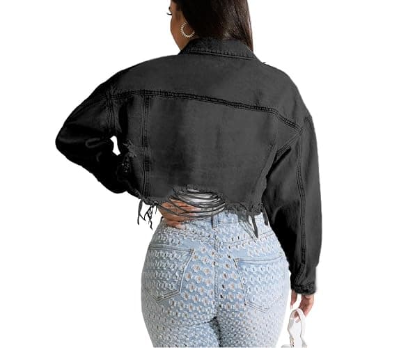 HTD Women's Cropped Jean Jacket Button Up Long Sleeve Ripped Distressed Denim Jacket Frayed Hem thumbnail 4