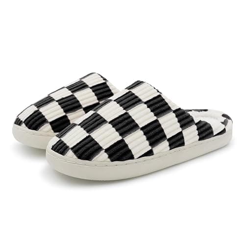 Dumhew Women Home Fuzzy Slippers - Memory Foam Checkered Plaid Scuff Non-Slip Indoor Outdoor Comfortable Casual Soft Slides - Image 1