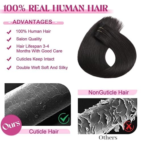 POGINJA Clip in Hair Extensions Real Human Hair, Remy Human Hair Clip in Extensions for Black Women, Invisible Natural Straight Seamless Clip ins Hair Extensions 8pcs Double Weft #1B 22inch 110g thumbnail 5