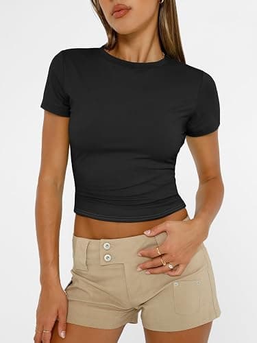 Trendy Queen Womens Short Sleeve T Shirts - Buttery Soft Summer Crop Tops Slim Fit Y2k Basic Tees for Workout thumbnail 2