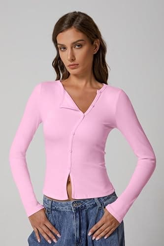 QINSEN Women's Long Sleeve Ribbed Crewneck Shirts Upper Button Fastening Going Out Tops thumbnail 5