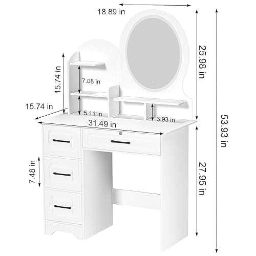 balurukt Vanity Desk with Sliding Mirror and Lights,Makeup Vanity Set with 6 Storage Shelves 4 Drawers Dressing Table for Bedroom Dressing Room Hidden Storage Space(White) White thumbnail 2