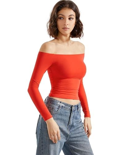SUUKSESS Women Off Shoulder Double Lined Long Sleeve Shirts Basic Going Out Tops thumbnail 6