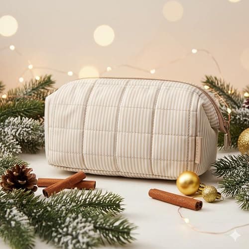 BAGSMART Makeup Bag Travel Toiletry Bag, Puffy Padded Make Up Bags for Women Makeup Organizer Case, Wide-open Pouch Purse Travel Essentials Toiletries Accessories Brushes, Strip Khaki Brown thumbnail 2