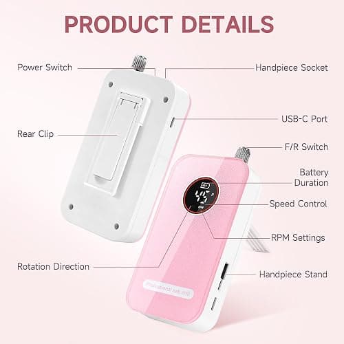 Professional Nail Drill Electric File 45000RPM, Portable Rechargeable Electric Nail File with 11 Drill Bits & 50 Sanding Bands, Low Noise Nail Drill Kit for Acrylic Gel Nails, Salon & Home Use, Pink thumbnail 4