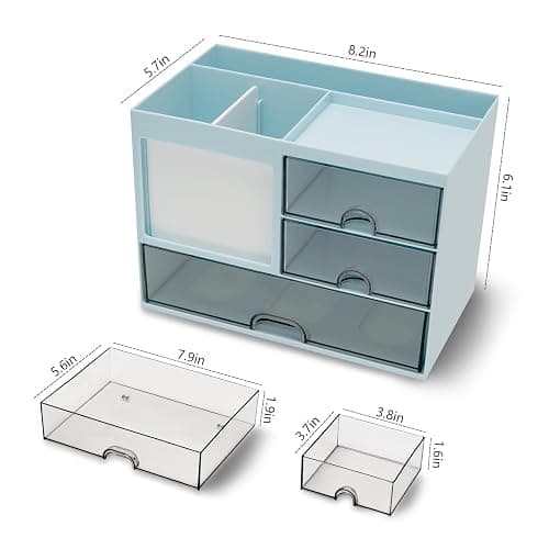 QIYVLOS Desk Organizer with 3 Drawer, Multi-Functional Pencil Pen Holder for Desk, Desk Organizers and Storage with 8 Compartments, Desktop Organizer for Office Home Art Supplies (Blue) thumbnail 3