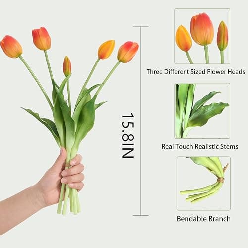 15 Pcs Orange tulips artificial flowers faux tulips real touch Latex | Fake Flower Bouquet for Wedding Dining Table Living Room Home Décor Centerpiece Arrangements thumbnail 3
