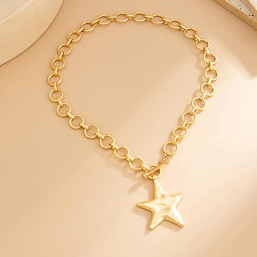 JAVARNV Star Necklace Chunky Gold Statement Necklaces Punk Star Pendant Gold Chain Necklaces for Women Trendy Christmas Jewelry for Dress Sweaters Shirts Stocking Stuffers Gifts for Women thumbnail 7