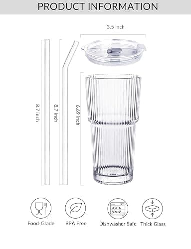 MINGHYZYA 20 oz Glass Tumblers, Iced Coffee Cups with Lids and Glass Straws, Thickened Wall Ribbed Glass Cups, Ideal for Smoothies, Cocktails, and Juices – Vintage and Durable Drinkware – 1 Pack thumbnail 3