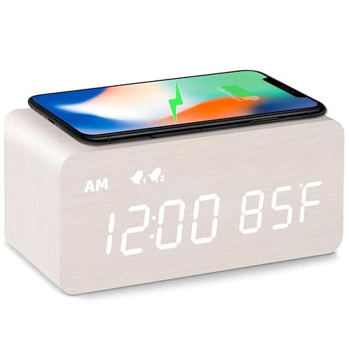 MOSITO Digital Wooden Alarm Clock with Wireless Charging, 0-100% Dimmer, Dual Alarm, Weekday/Weekend Mode, Snooze, Wood LED Clocks for Bedroom, Bedside, Desk, Kids (White) - Image 1