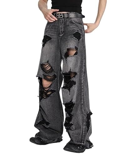 Lafaguw Baggy Jeans for Women Men Ripped Straight Leg Pants High Waisted Distressed Jeans Y2K Grunge Summer Clothes. - Medium - Black3