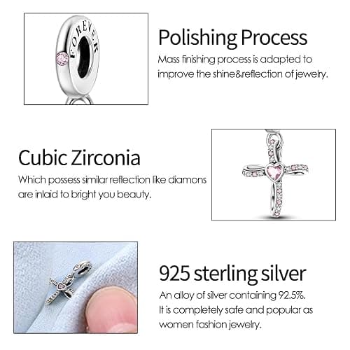 ChenYuTe 925 Sterling Silber Charms für Armbänder, Charms Anhänger Kompatibel mit Pandora Europäischen Armbändern und Halskette Frauen - Rosa Kreuz thumbnail 4