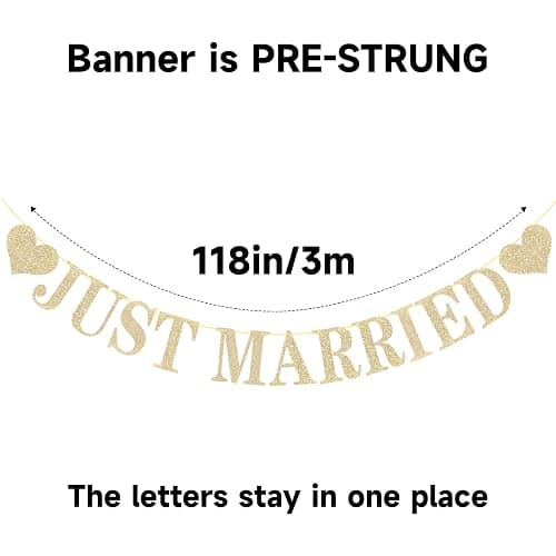 Pre-Strung Just Married Banner NO DIY Just Married Sign Gold Glitter Wedding Banner for Just Married Wedding Reception Ceremony Party and Car Decorations thumbnail 4