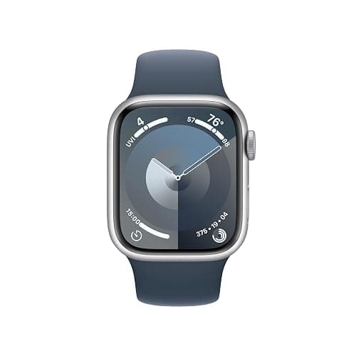 Apple Watch Series 9 [GPS, 41mm] Silver Aluminum Case with Storm Blue Sport Band, M/L (Renewed) thumbnail 2