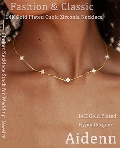 Aidenn Dainty Gold Silver Necklace for Women Girls Trendy Non Tarnish 14K Gold Plated Cubic Zirconia Necklaces Cute Flower Choker Necklace Stack for Wedding Prom Brides Jewellery thumbnail 2