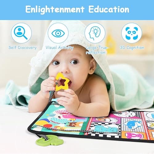 Aolso Tummy Time Mirror & Sensory Toys - High Contrast Newborn Baby Mirror with Crinkle Cloth Book & Teether, Montessori Toys 0-12 Months thumbnail 5