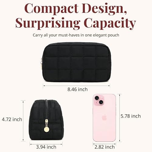 Makeup Bag, Quilted Puffy Travel Toiletry Bag with Compartments, Wide-Open Cosmetic Bag for Women, Pouch Purse Organizer, Black thumbnail 8