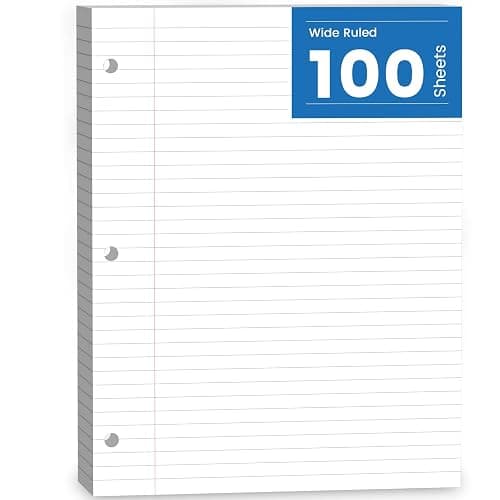 Loose Leaf Paper, 100 Sheets Notebook Paper, Binder Lined Paper Wide Ruled, 8.5'' x 11'' Loose Leaf, 3-Hole Punched Filler Writing Paper, 3-Ring Binder Note Papers, White - Image 1
