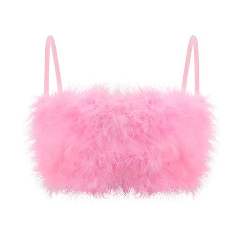 TYNORA Women's Faux Fur Crop Top Spaghetti Strap Tube Tops Strappy Cami for Concert Club Party - Image 1