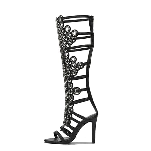 Tracieshoes Womens Gladiator Knee High Sandals with Back Zipper Metallic Circle Studded Design 4 Inch Stiletto High Heel Fashion Summer Boots thumbnail 2