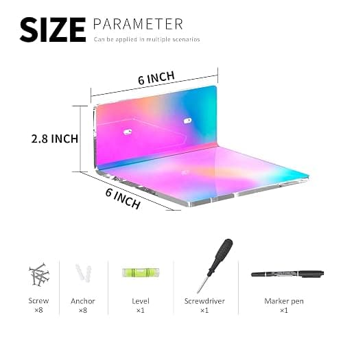 Sezanrpt 6 Inches Iridescent Small Wall Shelves, Acrylic Floating Shelf for Small Space, Acrylic Display Ledges for Funko Pop Figures, Home Décor, Plants, Smart Speaker, Digital Clock, 4 Pack thumbnail 2
