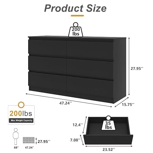 Vibe & Dine Double Dresser 6 Drawer, Modern Chest of Drawers with Wide Storage for Closet, Bedroom, Living Room, Black thumbnail 3
