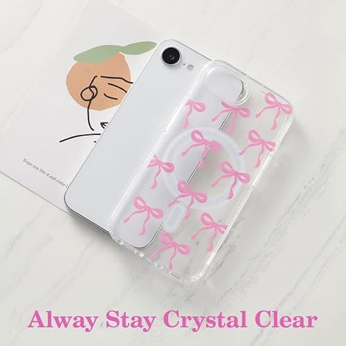 UEEBAI Magnetic for iPhone 17e/iPhone16e Case, Bow Case Compatible with MagSafe, Wireless Slim Clear Ribbon Aesthetic Phone Cover Anti-Yellowing Shockproof Protective Cover for Women Girl - Pink thumbnail 3