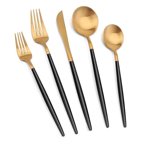 Matte Gold Silverware Set with black handle, Vanys 20 Piece Stainless Steel Cutlery Flatware Set, Kitchen Utensil Sets for 4, Tableware With Knife Spoons And Forks Set, Satin Finished Polished - Image 1