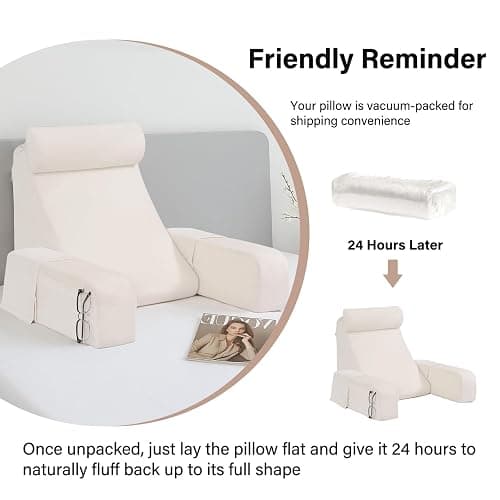 ENITYA 19" Back Pillow for Bed Sitting up, Big Pockets and Washable Removable Cover, Reading Chair for Watching TV/Reading/Gaming/Resting in Bed, Couch or Floor, Medium(Ivory) thumbnail 7