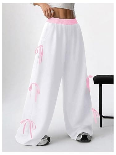 Verdusa Girl's Coquette Bow Wide Leg Baggy Pants Lightweight Cute Sweatpants with Pockets thumbnail 2