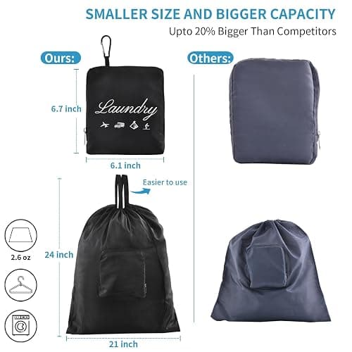 2 Pcs JHX Travel Laundry Bags, Dirty Clothes Organizer【Upgraded】with Handles and Aluminum Carabiner for Travel, Camp, Fitness, and Students (Black&Grey) 24"L x 21"W thumbnail 3