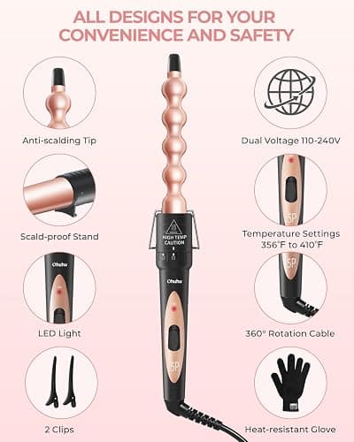 5 in 1 Curling Wand Set, Ohuhu Interchangeable Ceramic Barrels Curling Iron (9-32mm), Fast Heating Lightweight Dual Voltage Hair Curler for Home & Travel with Heat Glove & Clips, Gift for Women | Dual voltage, heats in 30 second, 356-410°F adjustable, travel-friendly, lightweight, 2 clips & heat glove, Gift for women thumbnail 7