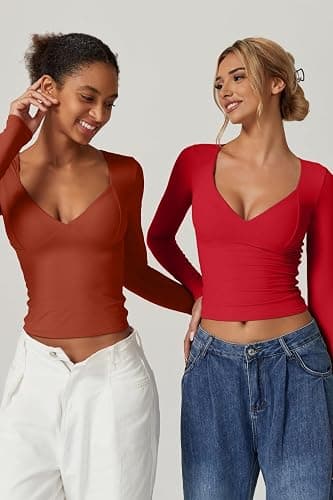 QINSEN Women's Long Sleeve V Neck T Shirts Double Lined Crop Top Seamed Cup Going Out Tops thumbnail 6