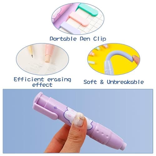 Retractable Pencil Erasers, Pen-Style Erasers, Cute Erasers for Pencils with Refills, Fun Click Erasers, Back to School Stationery Supplies (Purple) thumbnail 4