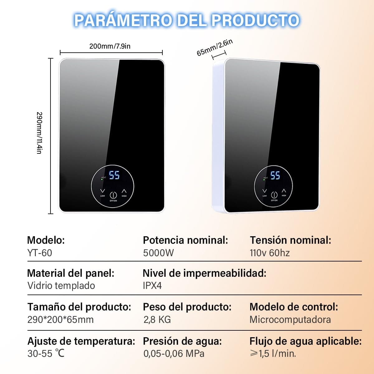 Calentador de Agua Electrico, Calentador de Agua Instantáneo con Rociador de Ducha, Temperatura Ajustable, Boiler Electrico para Hogar Agua Caliente, Calentador de Paso sin Tanque para Cocina Baño thumbnail 7