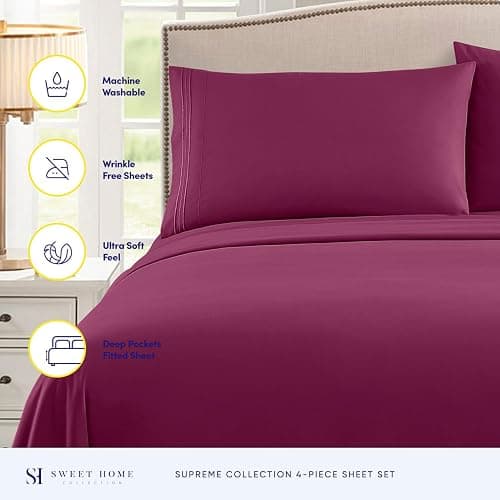 Queen Size Bed Sheets - Breathable Luxury Sheets with Full Elastic & Secure Corner Straps Built In - 1800 Supreme Collection Extra Soft Deep Pocket Bedding Set, Sheet Set, Queen, Berry thumbnail 2
