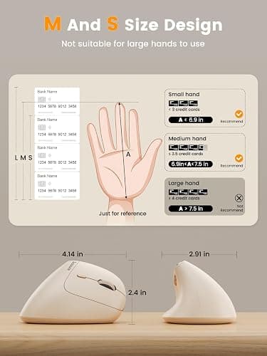 SABLUTE MAM3 Ergonomic Mouse, Rechargeable Wireless Vertical Mouse with 4 Adjustable DPI for Small/Medium Hands, Dual-Device Connectivity for Computer/PC/Laptop,Bluetooth Mouse for Window,Mac OS,Beige thumbnail 2