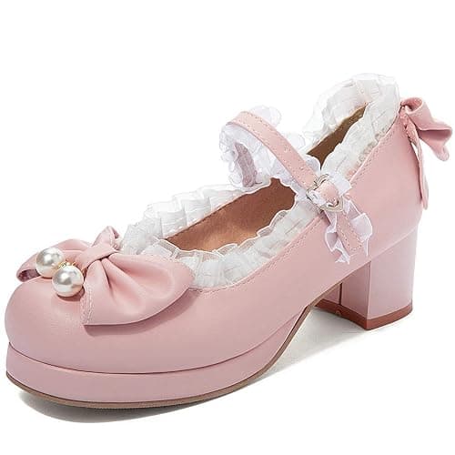 LUXMAX Women Kawaii Mid Block Heel Mary Jane Rockabilly Pumps with Bow Platform Chunky Heel Cute Sweet Shoes - 5 - Pink1 thumbnail 2