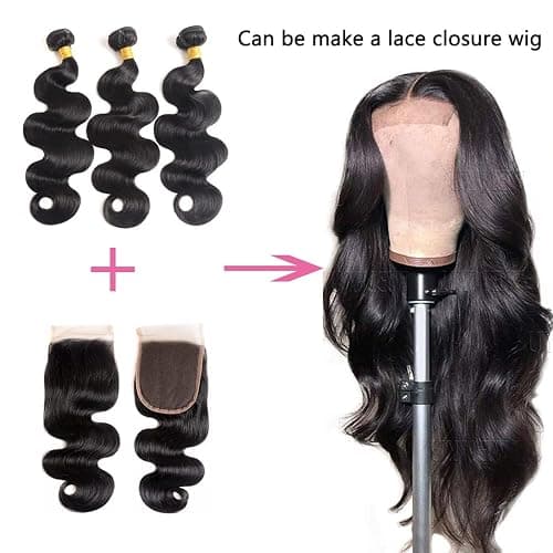 Bundles Human Hair Body Wave Bundles with Closure 100% Unprocessed Brazilian Virgin Human Hair Body Wave 3 Bundles with 4x4 Lace Closure Free Part for Black Women 16 18 20+14 inch thumbnail 2